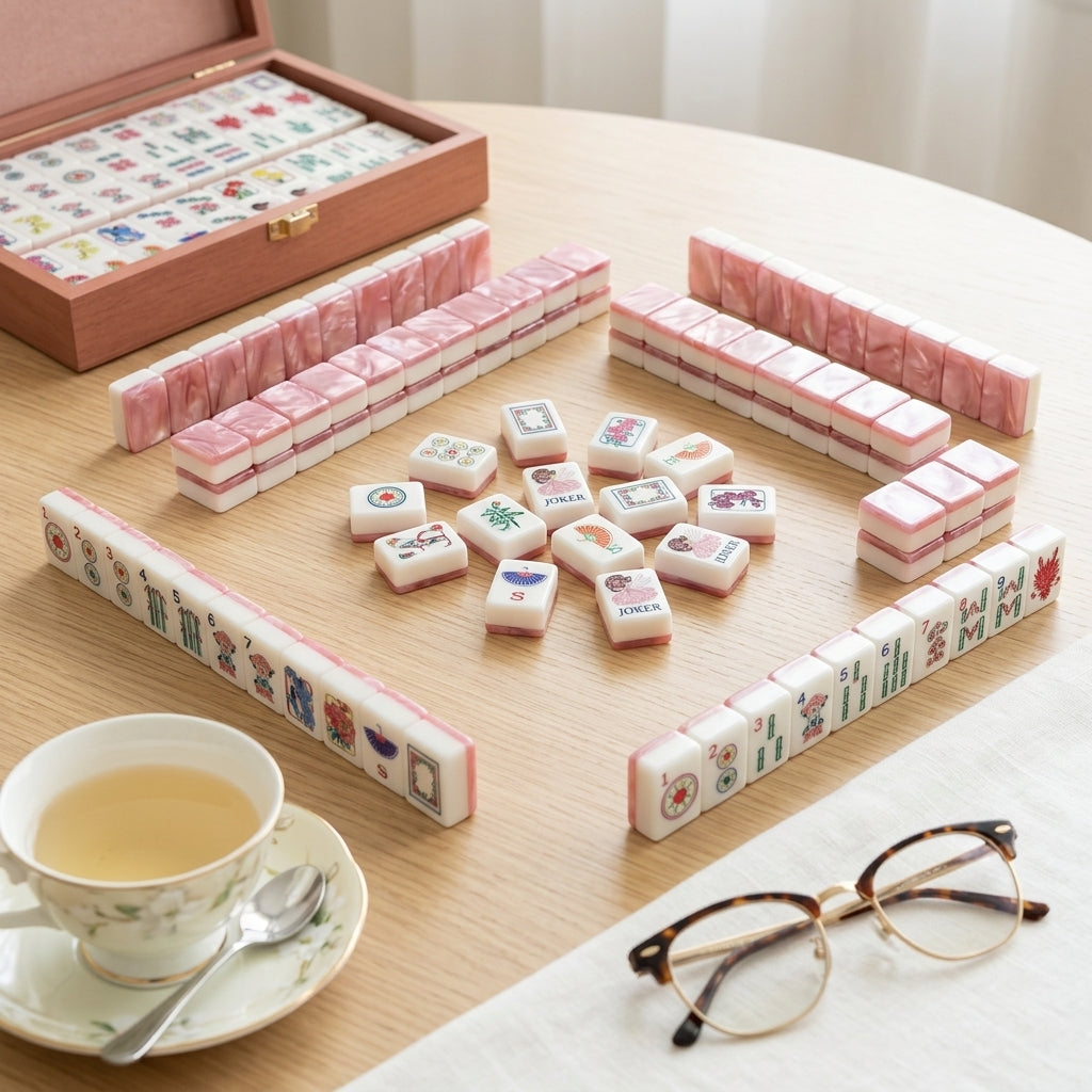 Woman playing American Mahjong with the pink floral tile set