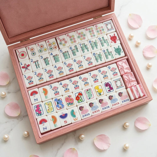 Pink floral American Mahjong set with 160 glossy tiles arranged in its case